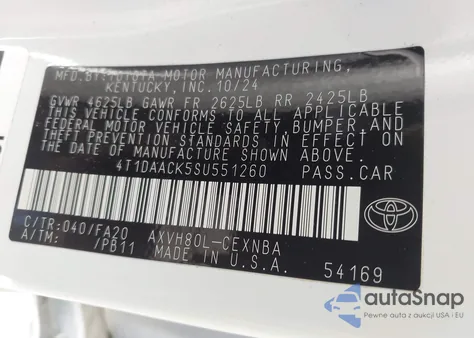 2025 Toyota Camry Le from USA, damaged, VIN 4T1DAACK5SU551260
